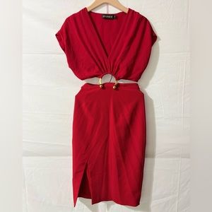 Haney Red Cutout Midi Dress with Gold Ring Detail